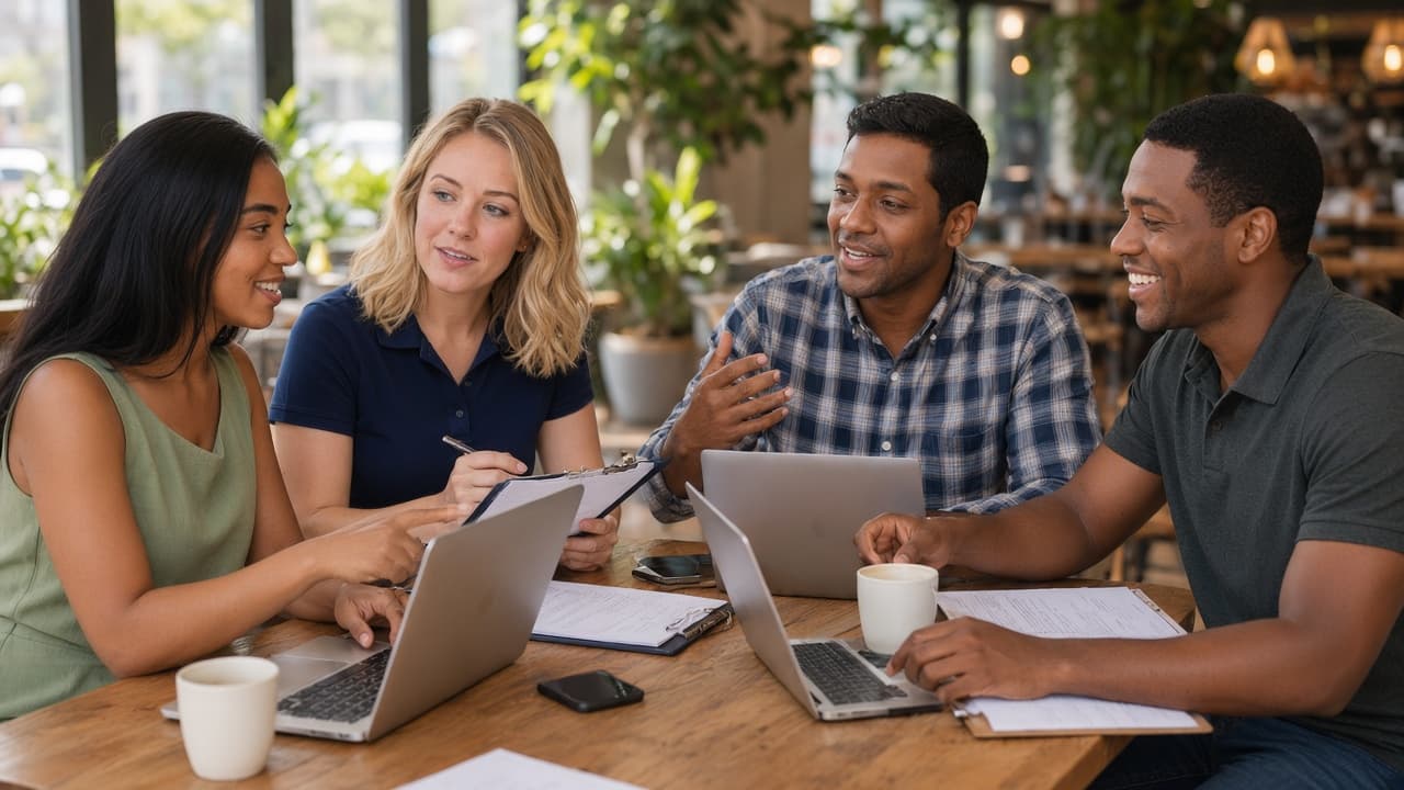 Rebecca, Abby, Ben, and Max working together with laptops and a clipboard