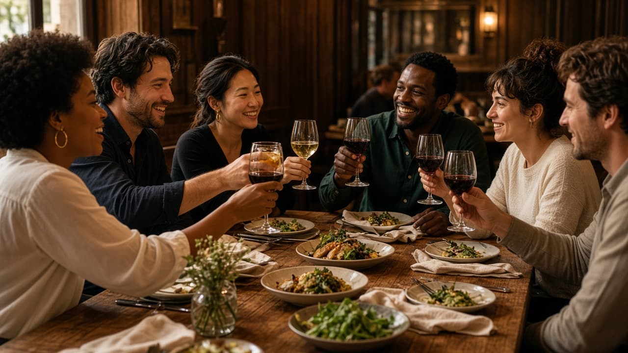 Friends toasting at a private dining table
