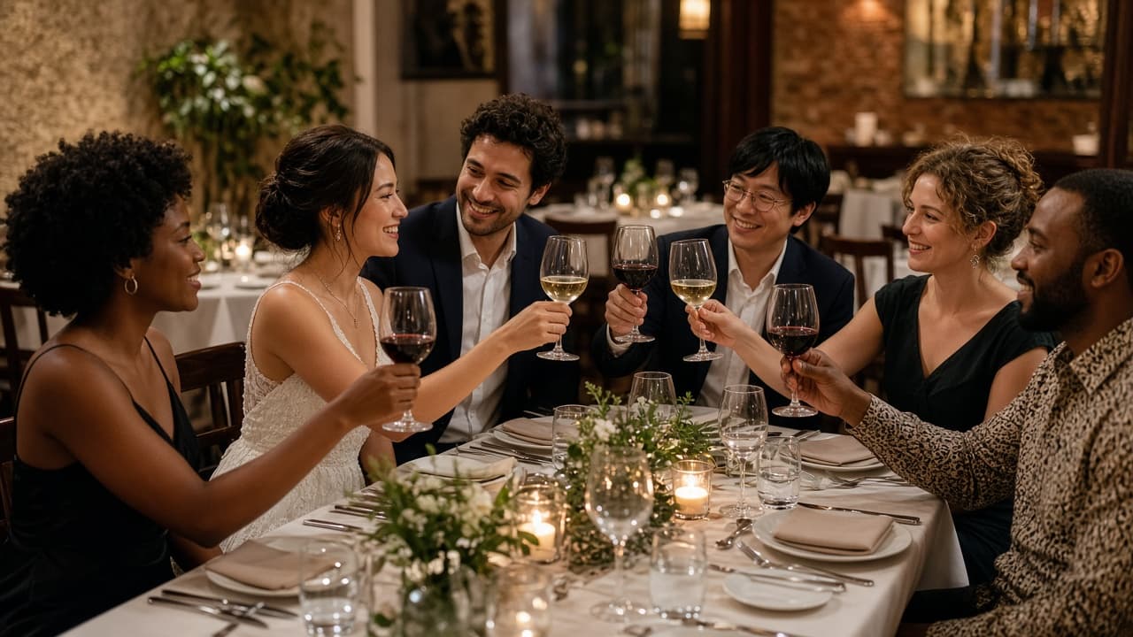 A wedding toast inside a restaurant dining room